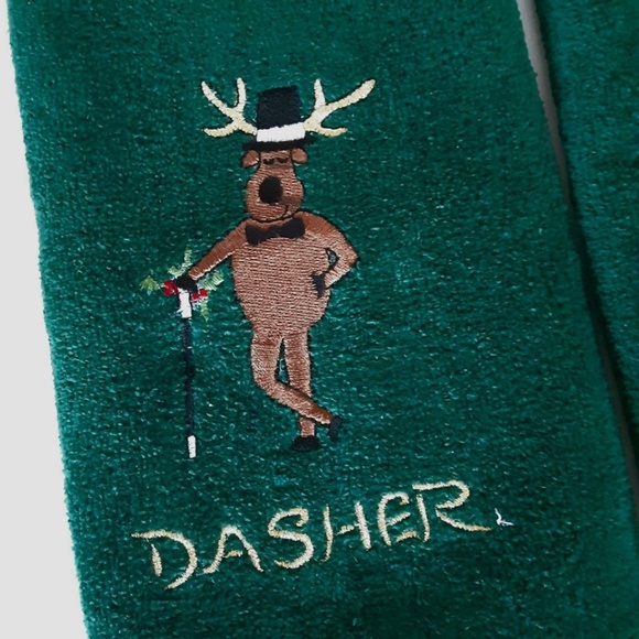 Embroidered Holiday Christmas Green Bath Hand Towels Dasher Dancer Reindeer - Picture 2 of 5